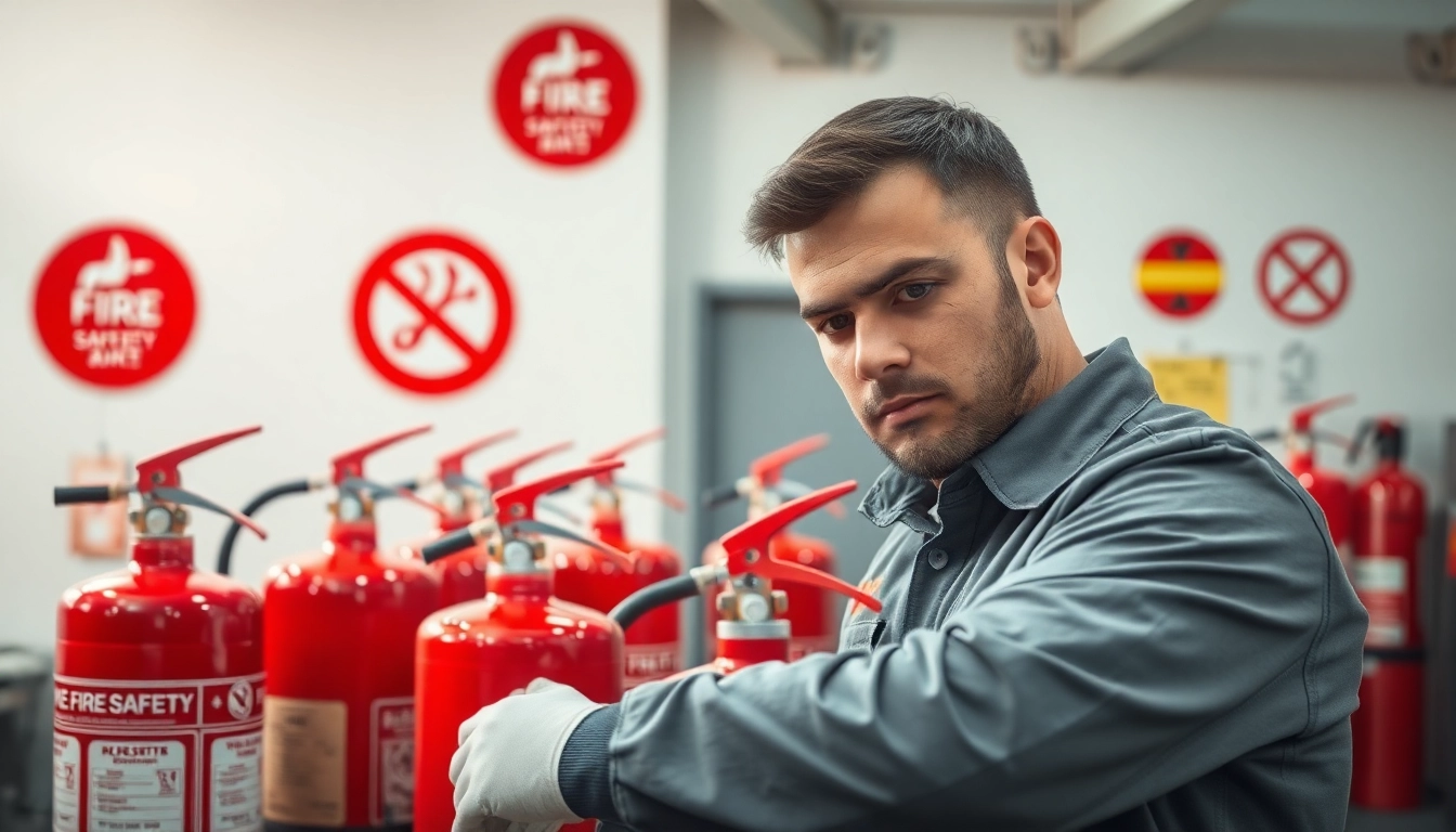 Fire extinguisher servicing Cannock by a professional technician in a modern workspace.