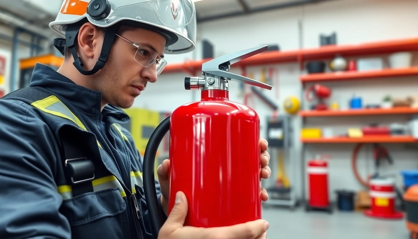 Fire extinguisher servicing technician inspecting equipment for safety compliance.