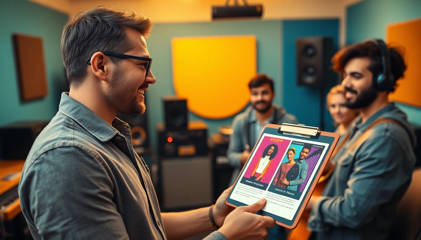 Engaging music pitching session featuring a musician captivating playlist curators with energy.