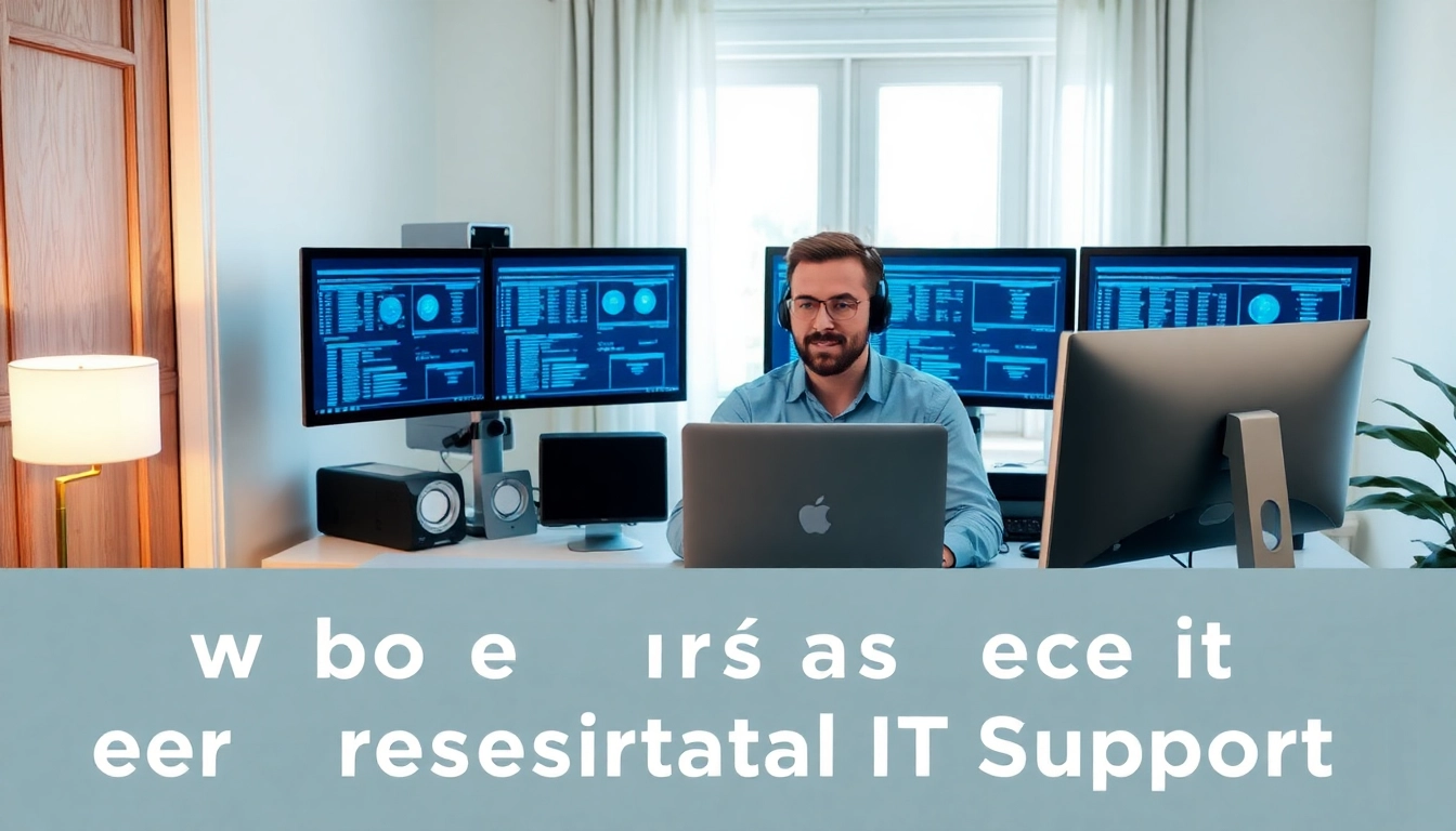 Residential IT support technician troubleshooting computer systems in a modern home office.