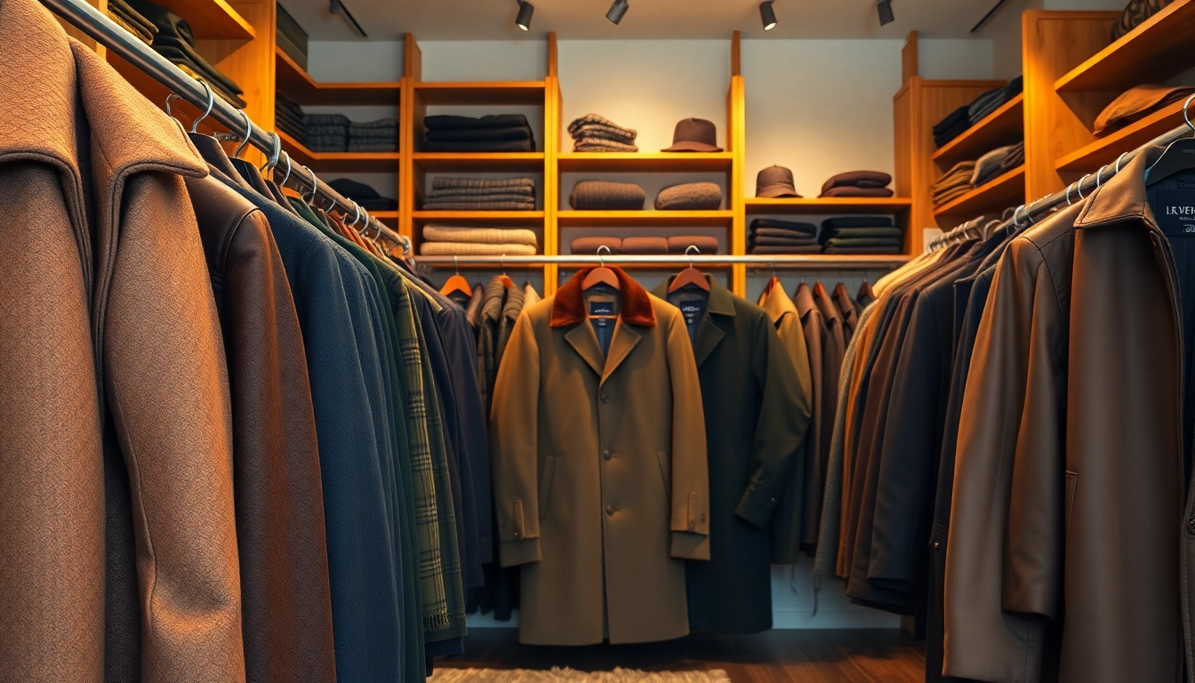 Showcasing stylish mens coats in a cozy boutique with inviting textures