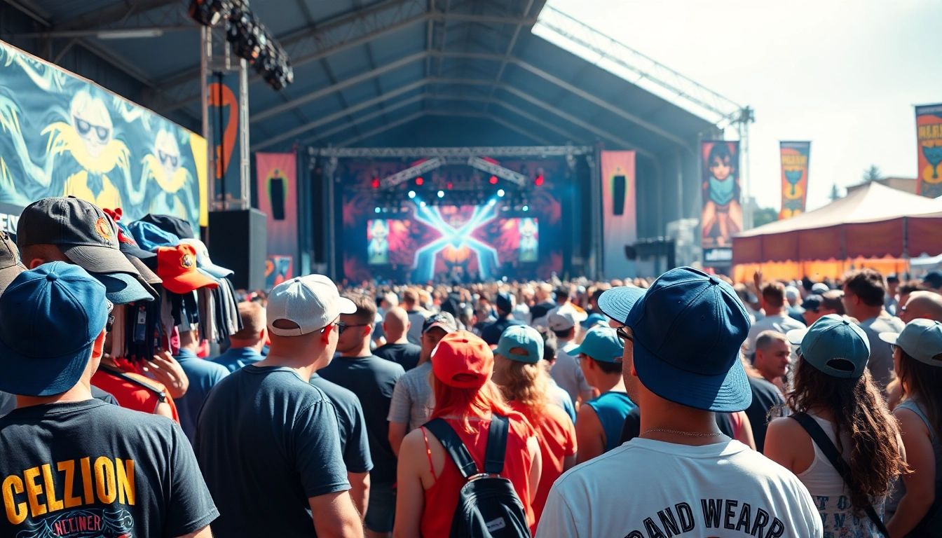 Showcasing vibrant bandwear products at a music festival, creating an energetic atmosphere.