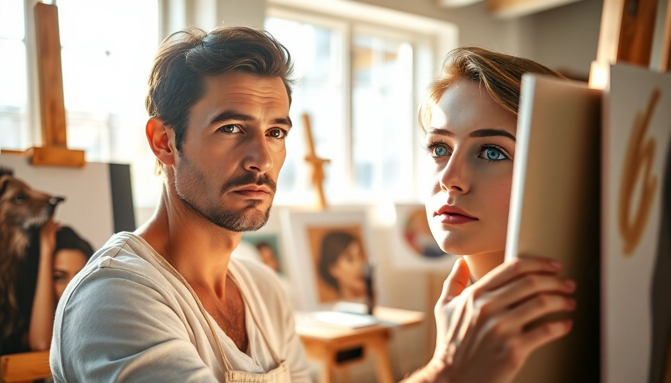 Capturing intricate details in portrait paintings by an artist in a sunlit studio.
