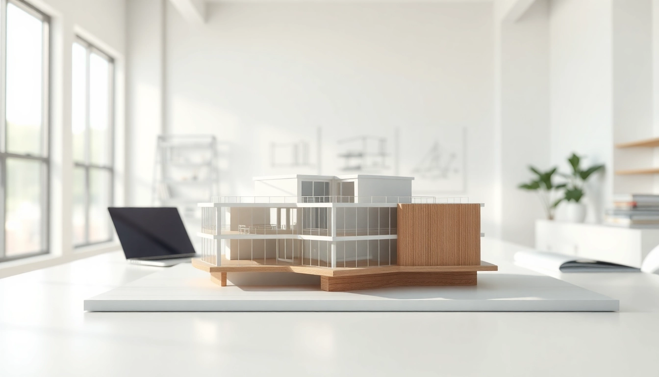 3D Visualisierung eines architektonischen Modells in einem modernen Umfeld.