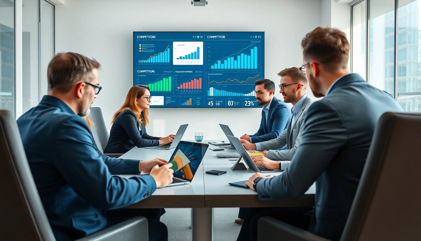 Analyze competitive intelligence strategies in a modern business setting with professionals gathered around data.