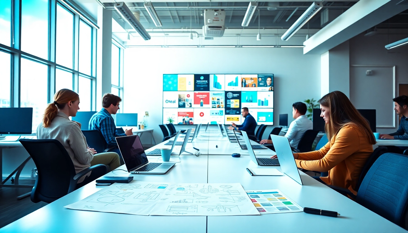 Designers collaborating in a professional Edmonton web design office with creative displays.