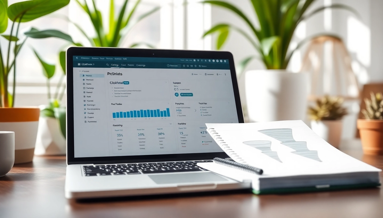 Engaging ClickFunnels dashboard setup on a laptop in a vibrant workspace with funnel designs.