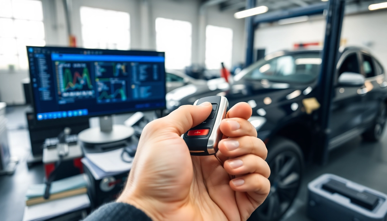 Programming Keyless Carkeys in a modern workshop with tools and technology.
