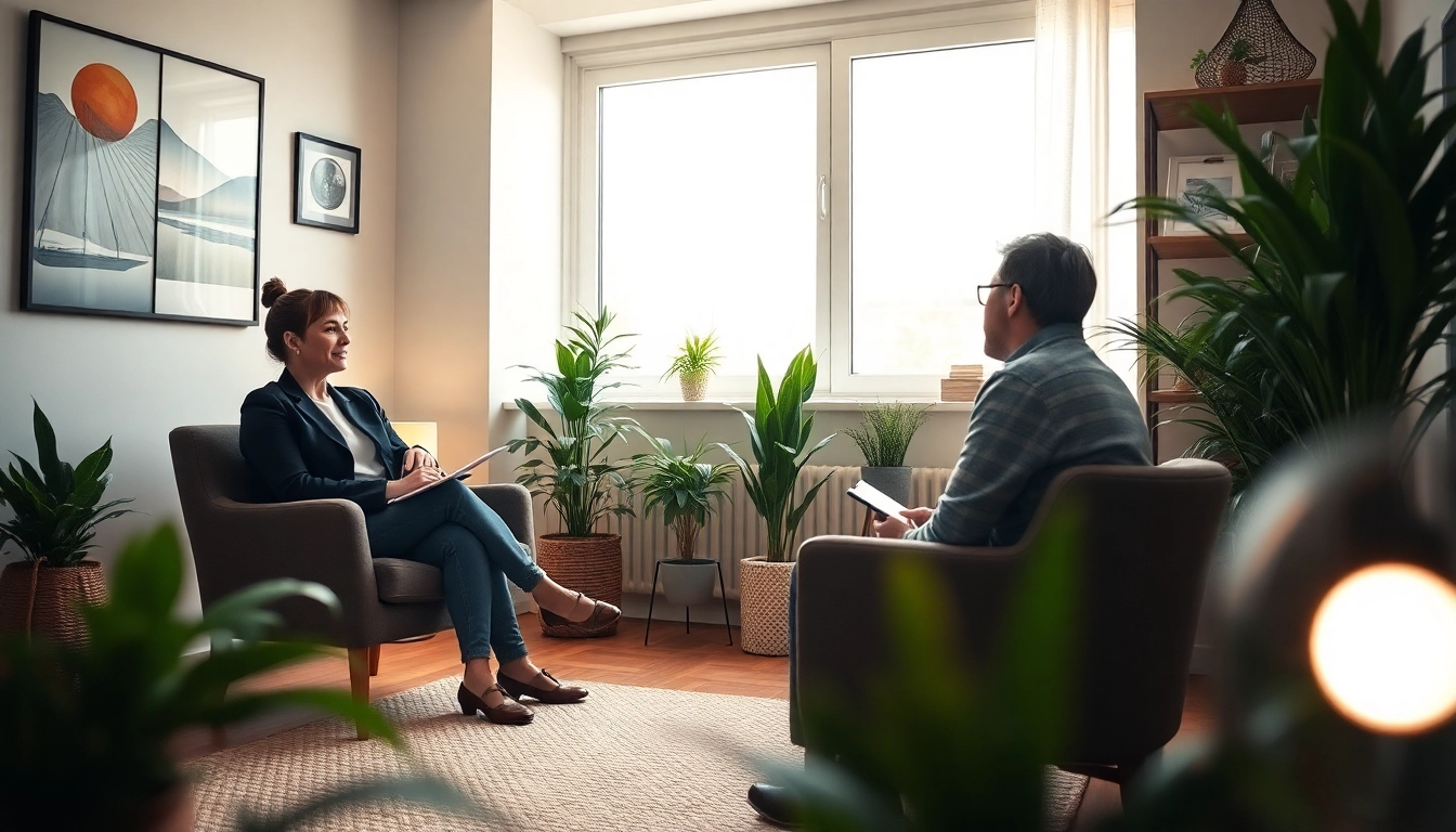 Therapist discussing strategies for dealing with depression in a welcoming office setting.