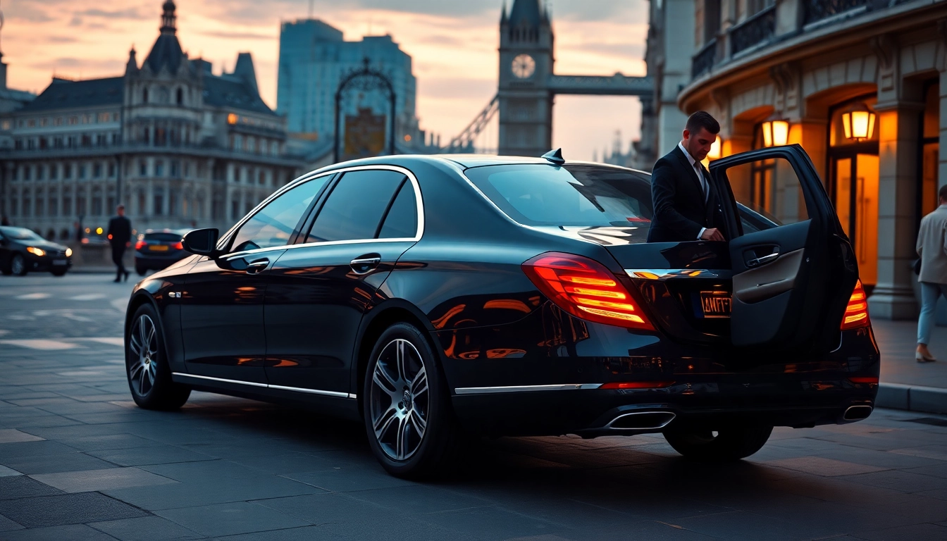 Experience the luxury chauffeur service london with a chauffeur welcoming passengers in an upscale setting.