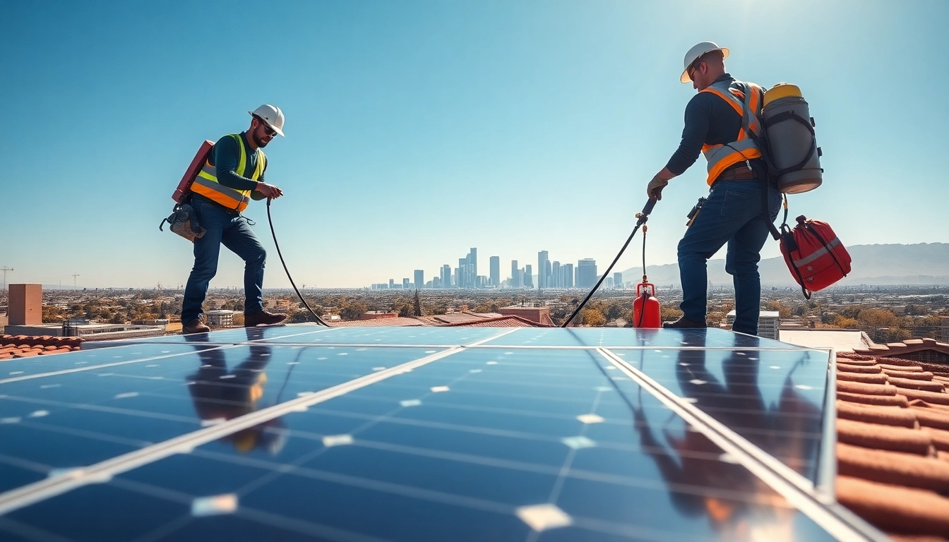 Professional solar panel cleaners Phoenix ensuring optimal performance on rooftops in bright sunlight.