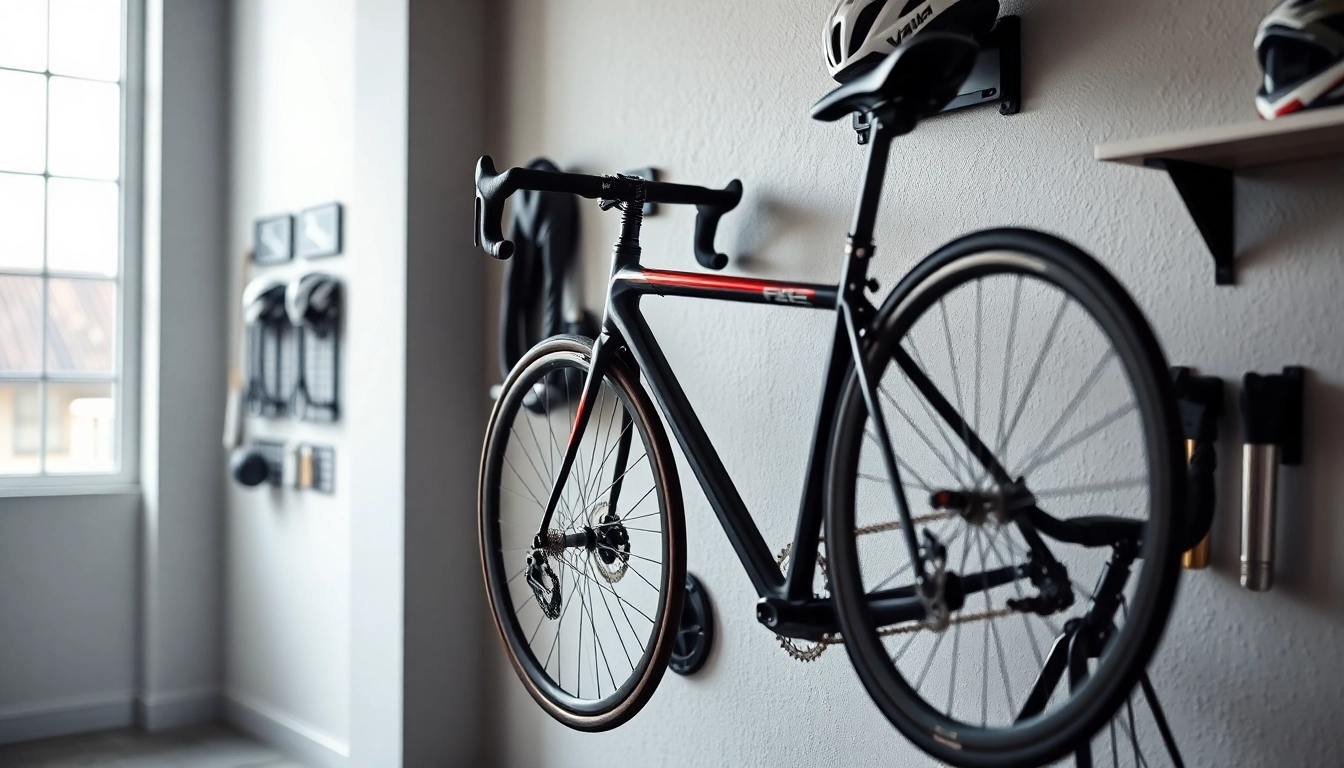 Showcase a bicycle wall hanger in a modern garage, emphasizing its sleek and minimalist design.