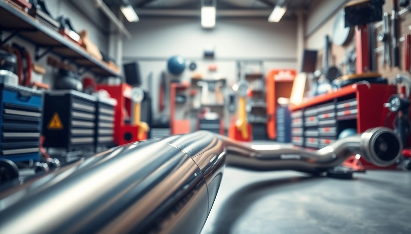 View a high-performance f80 downpipe highlighting its sleek design and metallic shine in a workshop.