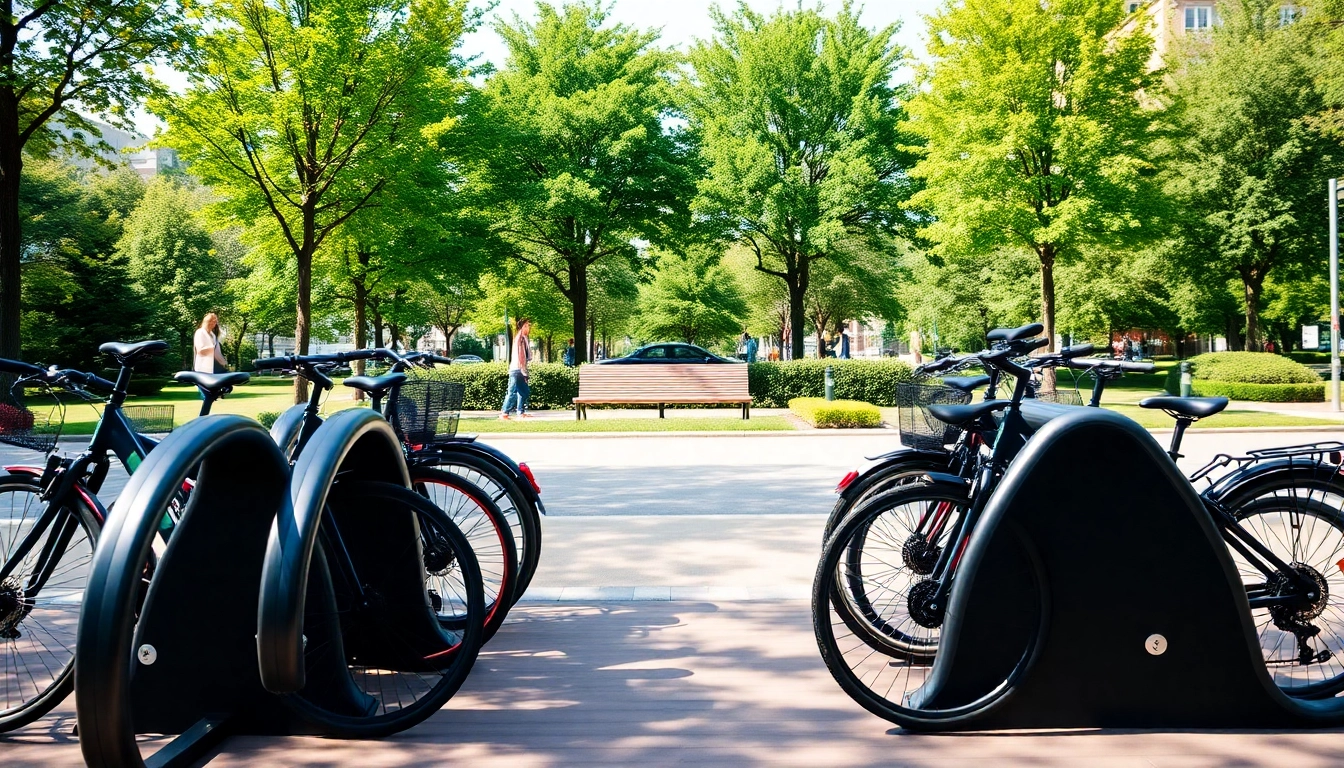 Showcasing a modern bike rack with bicycles elegantly parked in an urban park setting.