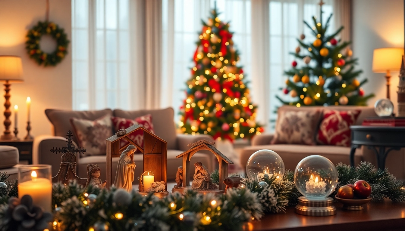 Showcase of nativity sets beautifully arranged in a cozy holiday setting, capturing the essence of Christmas.
