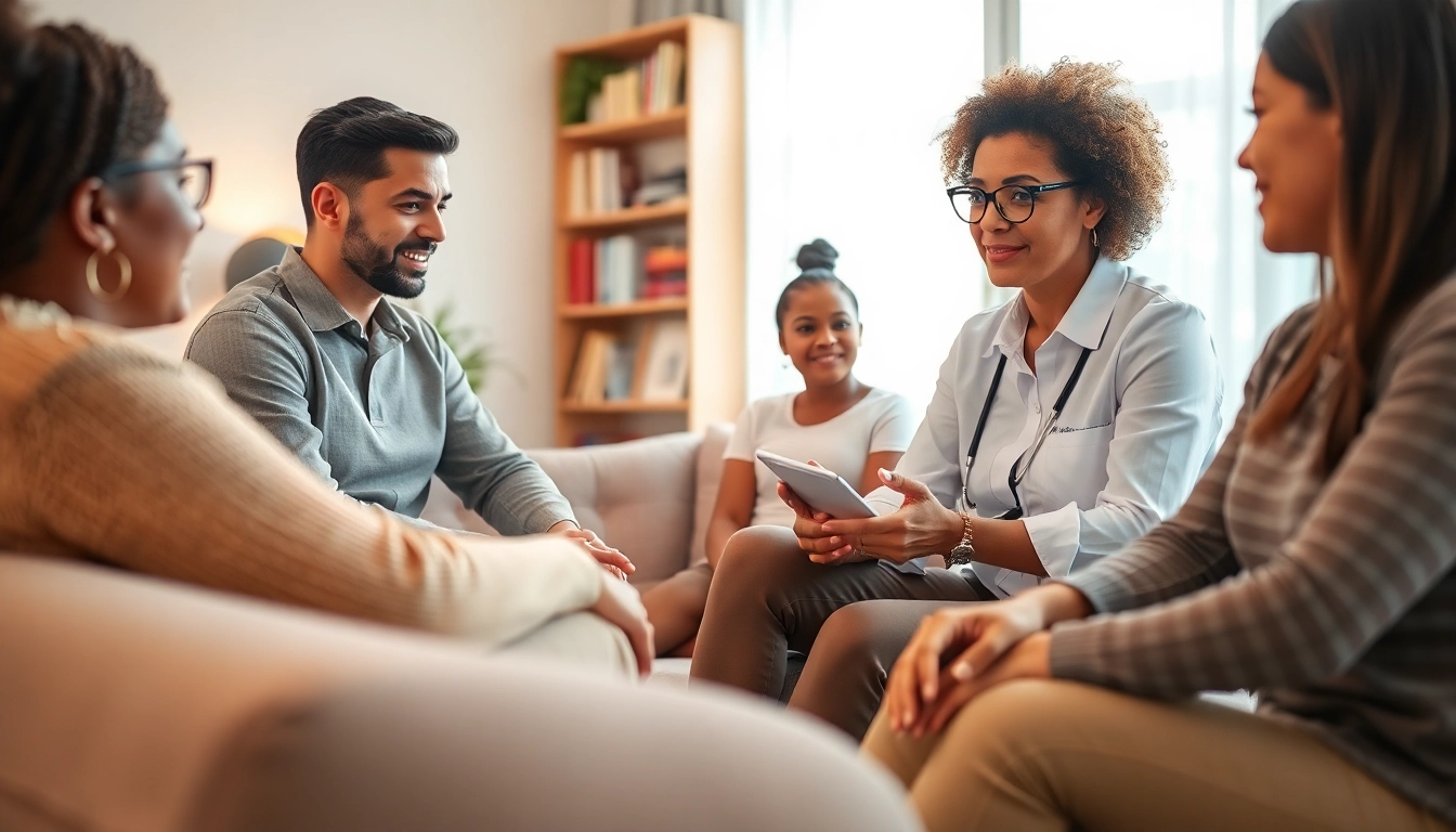 Engaging attachment theory specialist facilitating a therapy session with diverse clients.