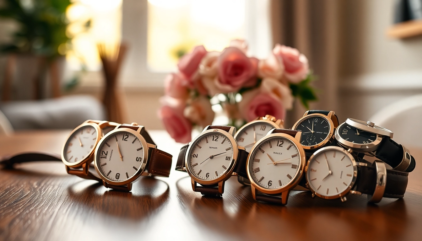 Damen Armbanduhren in stilvollen Designs auf einem eleganten Tisch präsentieren.