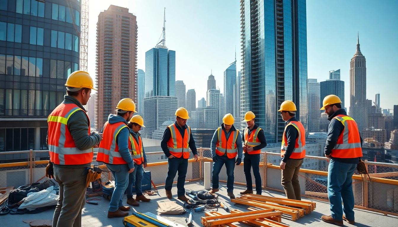 New York City General Contractor collaborating on a skyscraper renovation project with a vibrant urban backdrop.