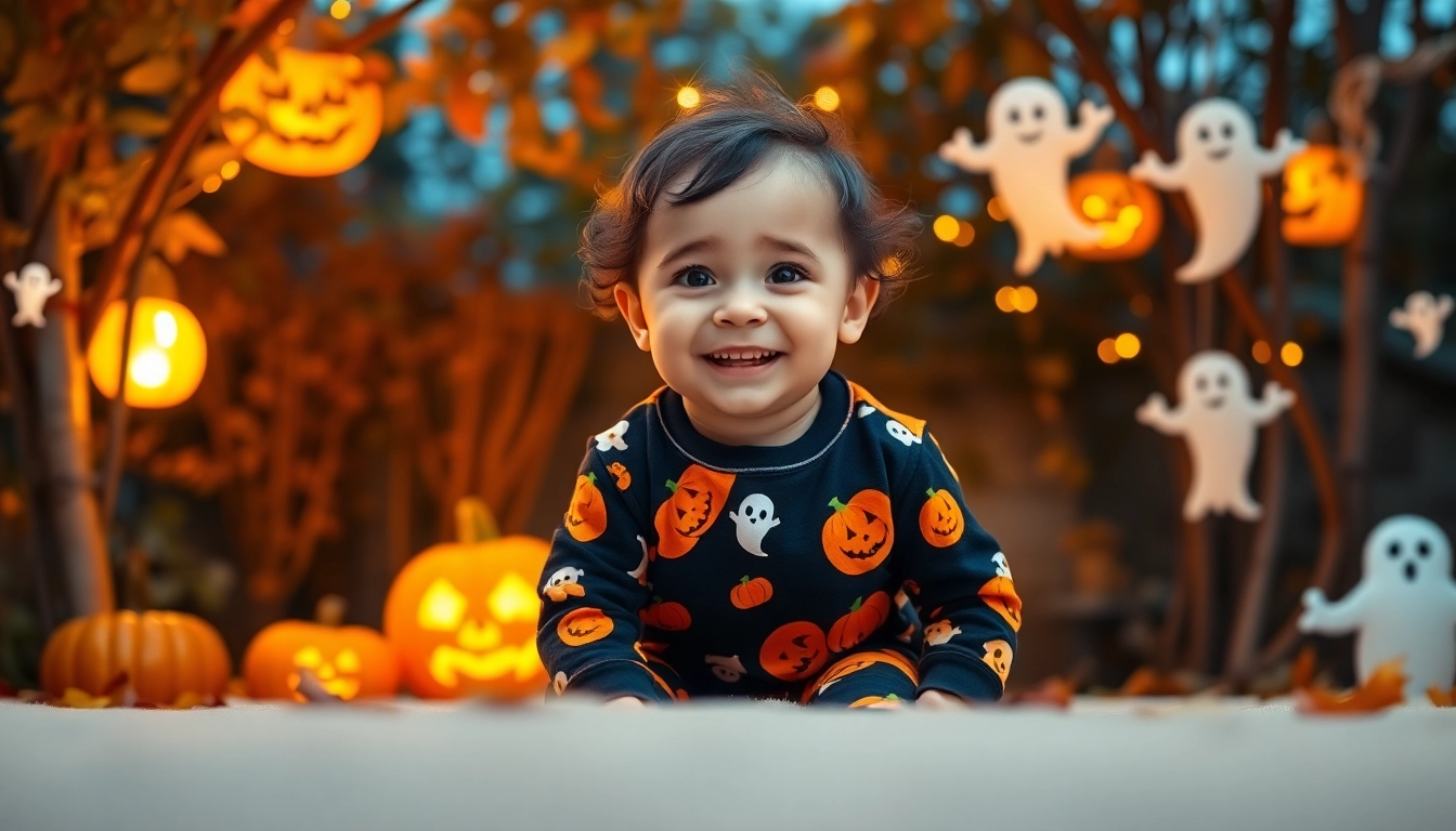 Adorable toddler in Halloween pajamas toddler with festive pumpkin decorations.
