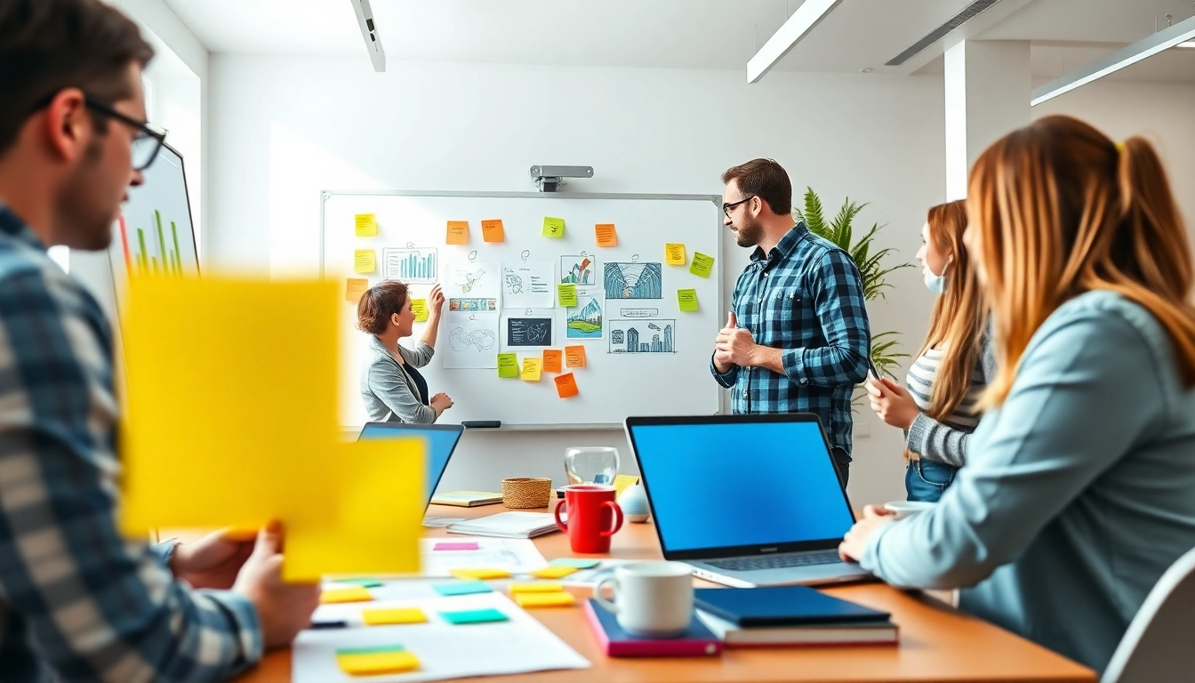 Enhance your skills with a vibrant advertisement design in a team brainstorming setup.