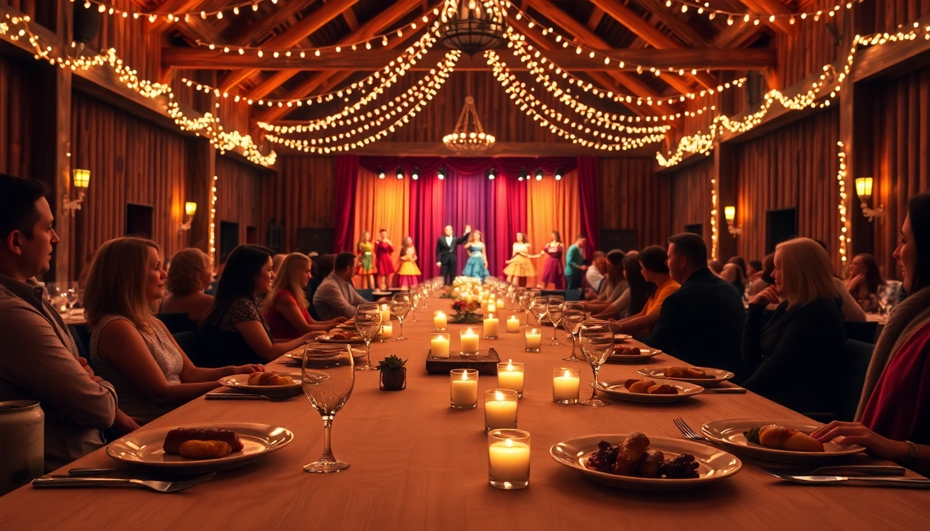 Guests enjoying a dinner theater in las vegas with vibrant performers on stage and elegant table settings.