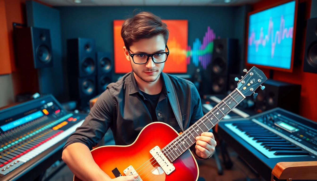 Download high-quality Bass one shot samples showcased in a vibrant music studio.