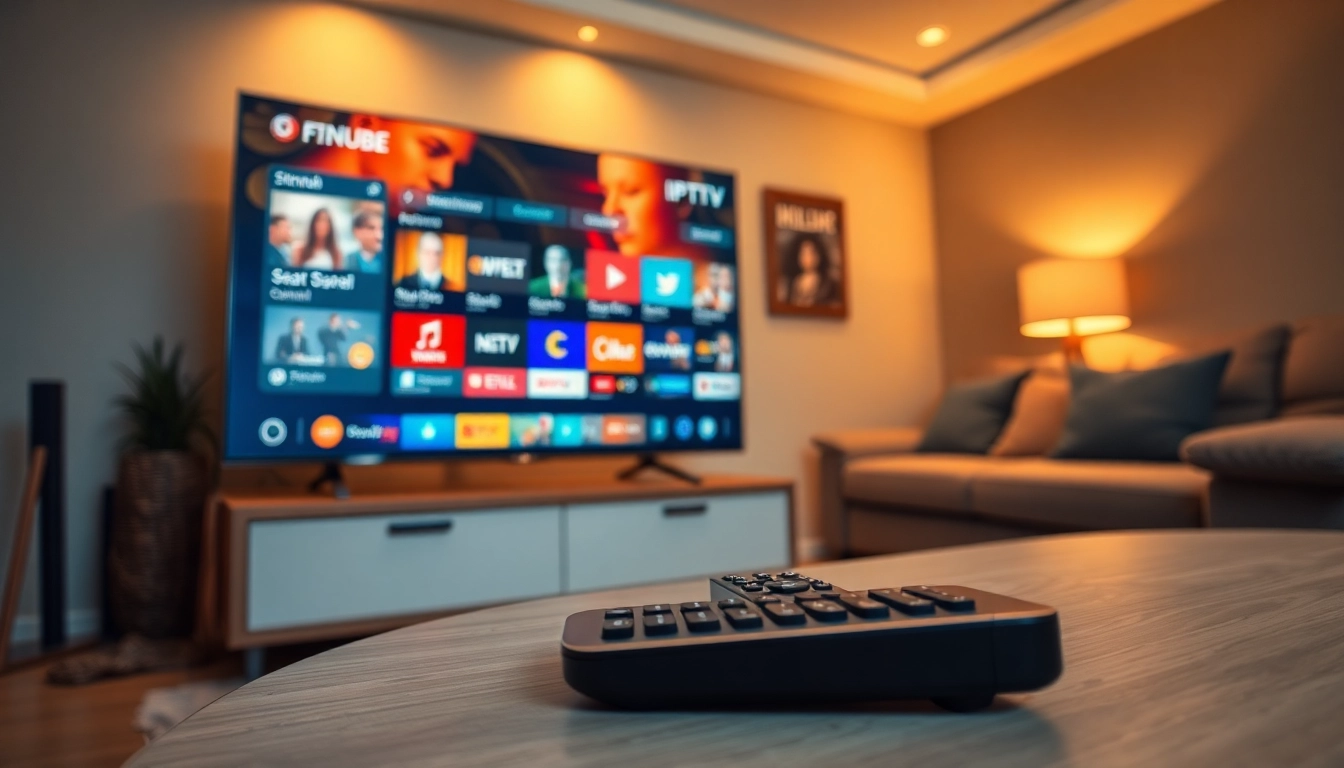 Comprar IPTV desde la comodidad de tu hogar con un elegante televisor y control remoto.