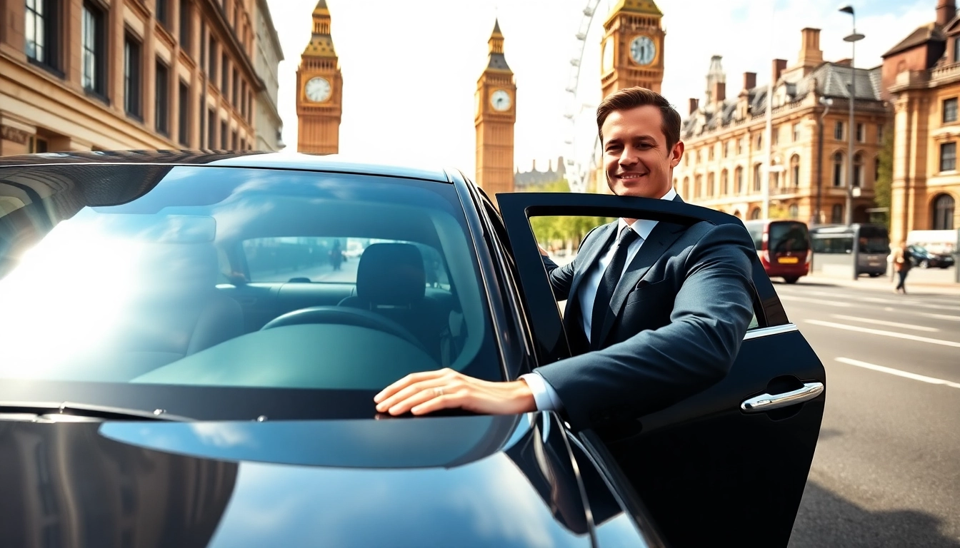 Experience premium london chauffeur service with a professional chauffeur before a luxury vehicle.