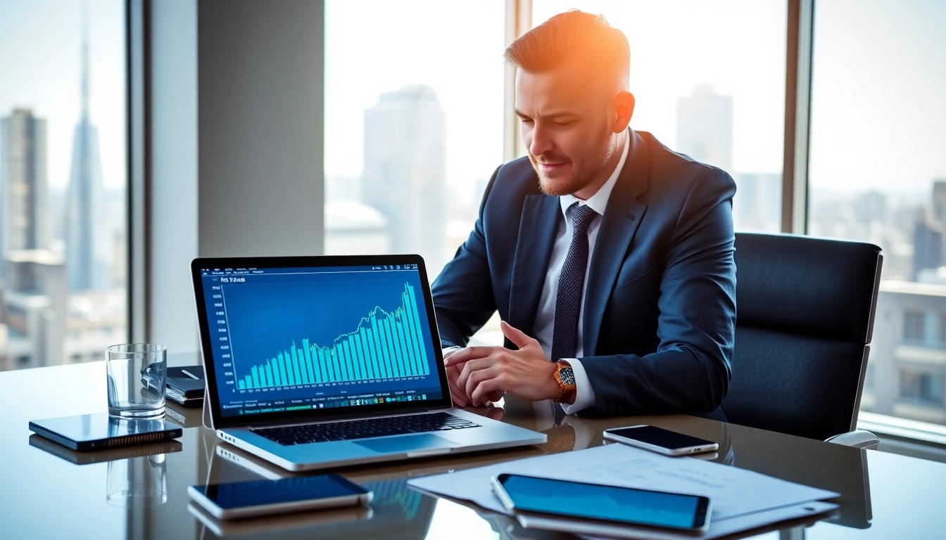 Highlighting digital investment tools with a professional financial advisor in a modern office.