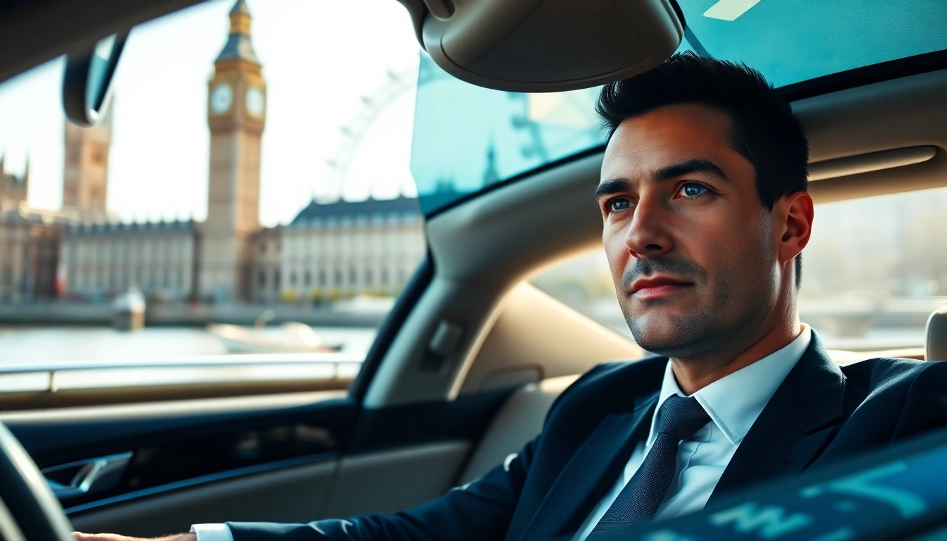 Experience premium chauffeur hire london with a professional driver in an elegant car against iconic London landmarks.