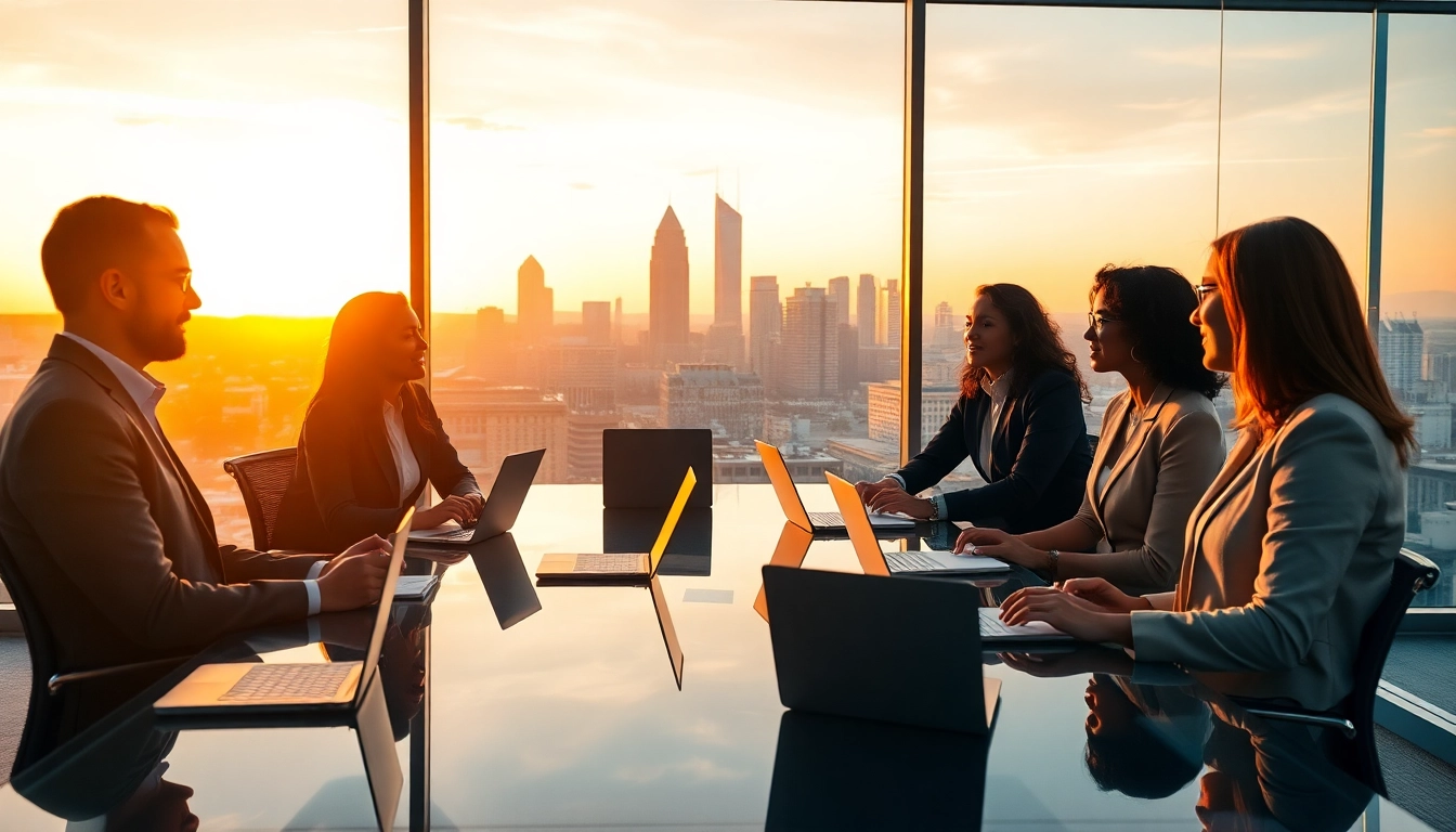 Professionals collaborating in a business meeting with the Charlotte NC skyline in the background.