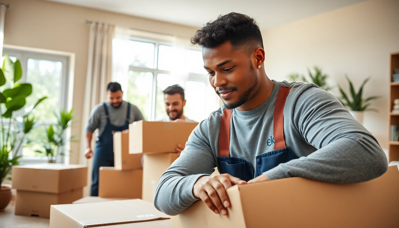 Movers Calgary carefully packing boxes in a bright living room, showcasing efficient teamwork.