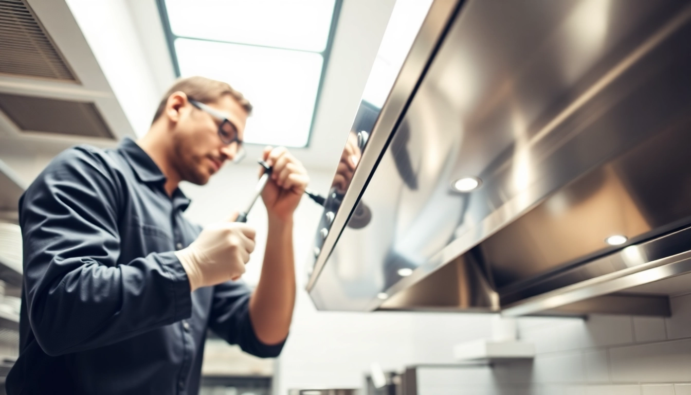 Inspecting an exhaust hood during an Exhaust Hood Cleaning service for a pristine kitchen environment.