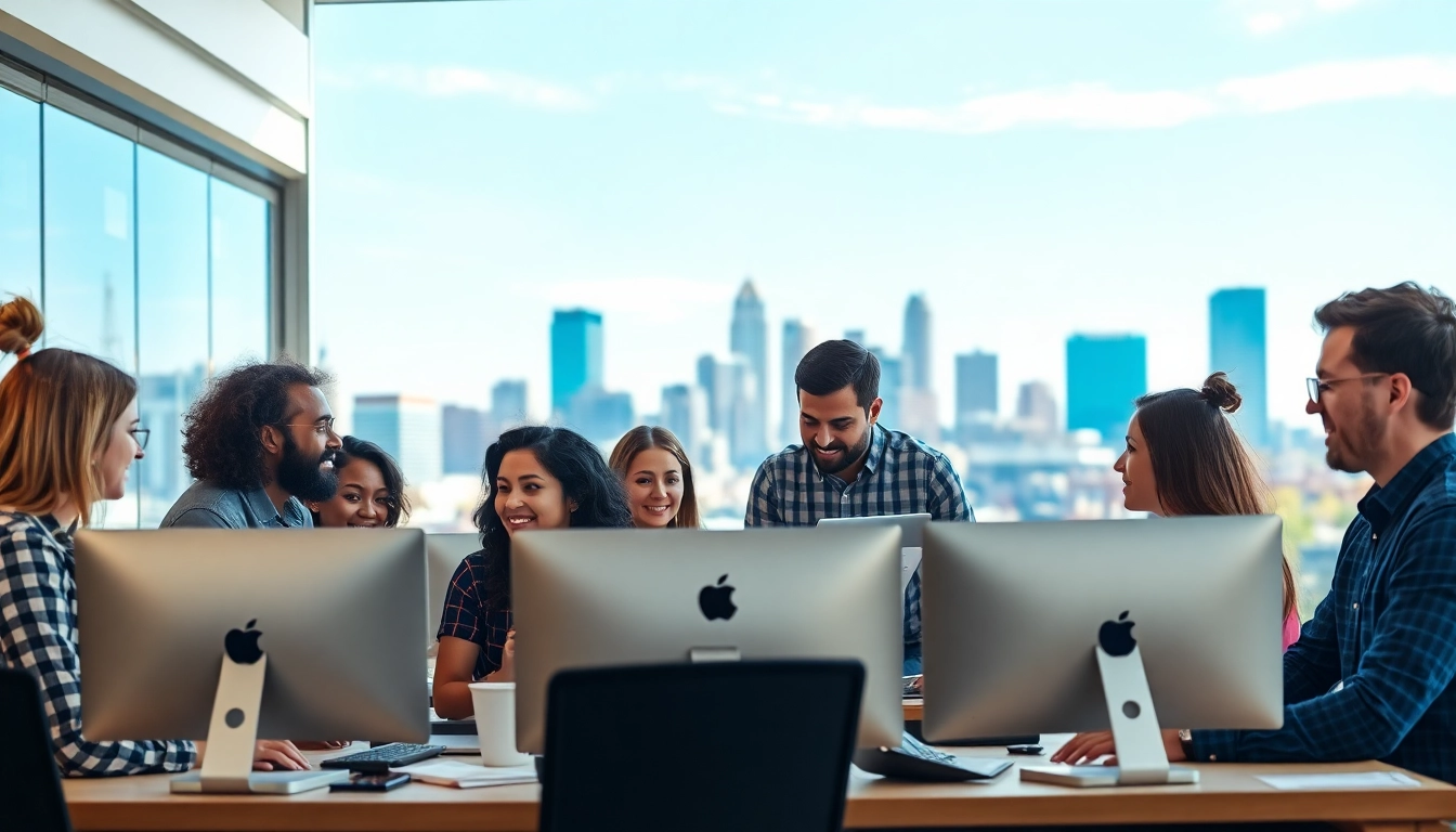 Team engaged in website development Kansas City, showcasing collaboration in a bright city setting.