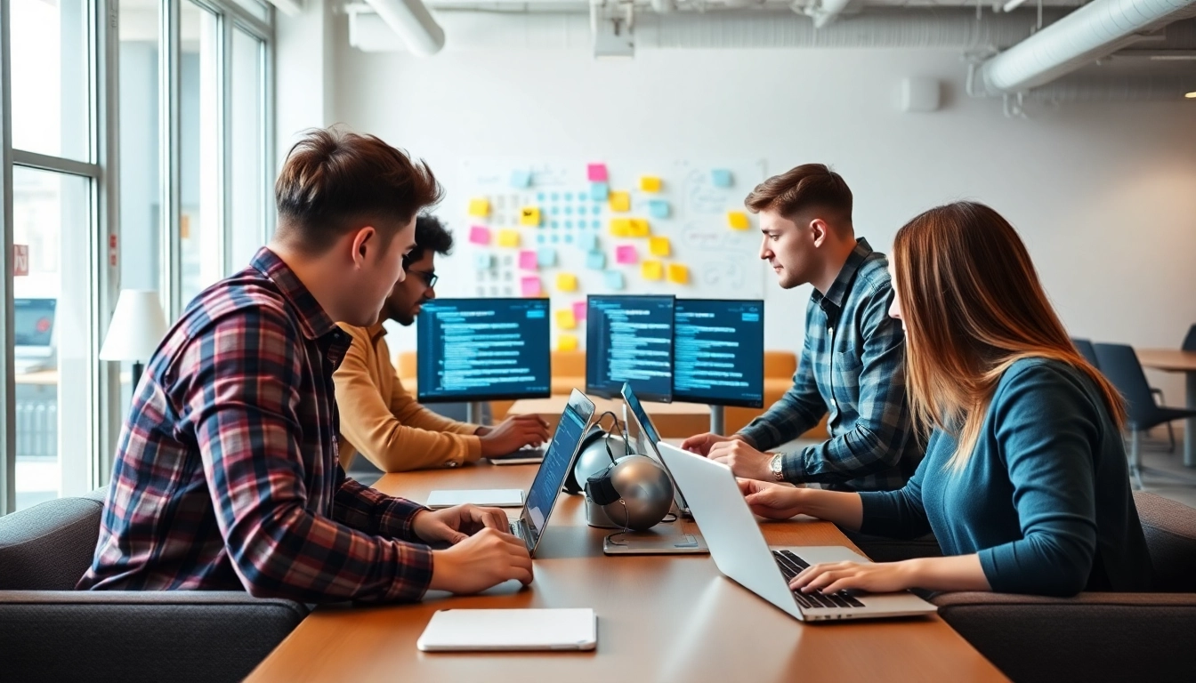 Kansas City web developers collaborating in a modern office environment on coding projects.