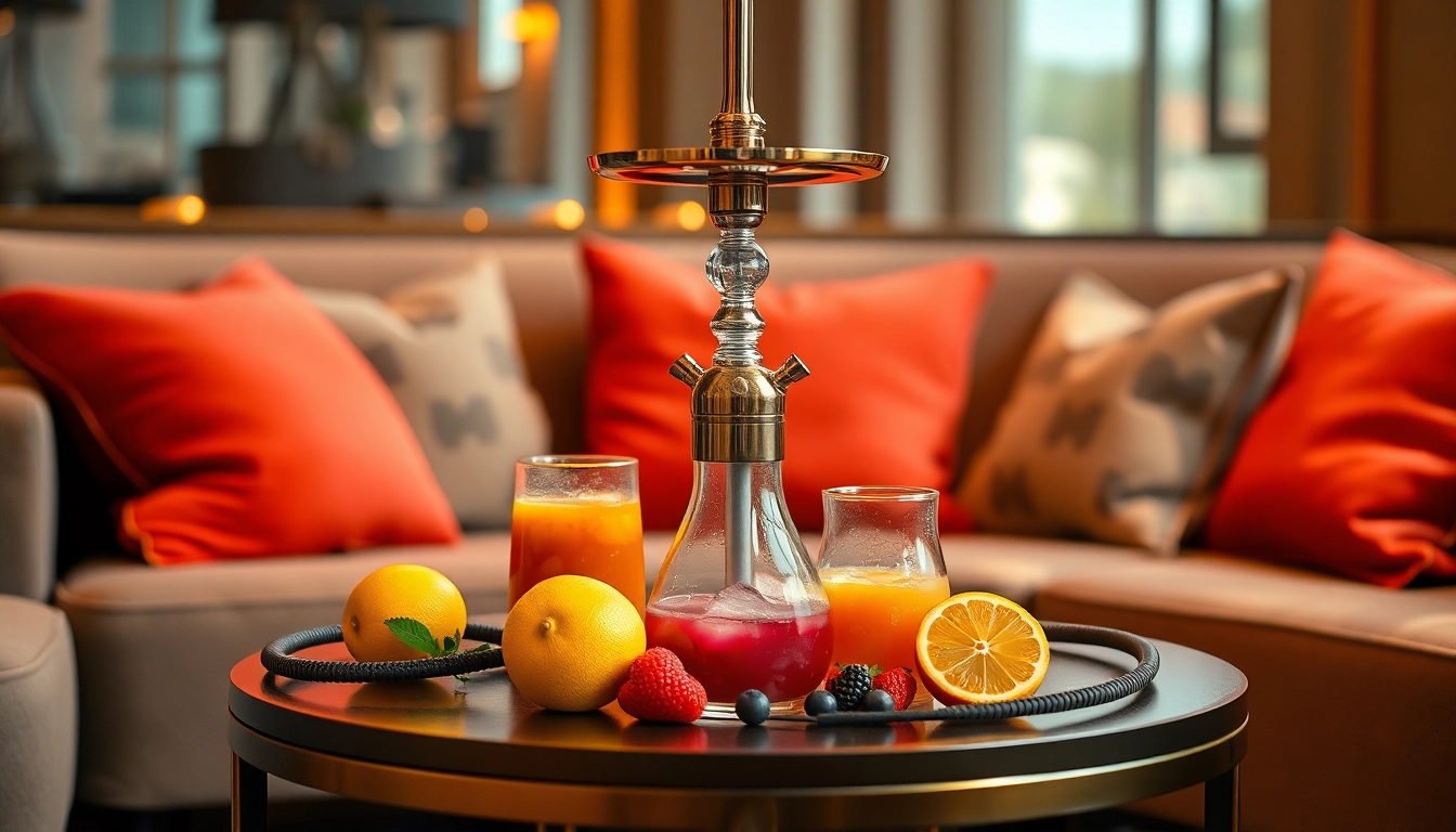 Enjoying vibrant flavor for hookah in a cozy lounge atmosphere with fruits and warm lighting.